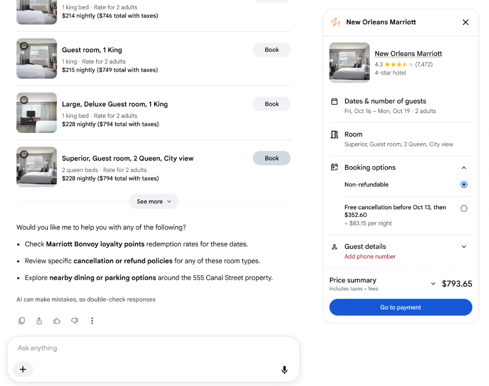 Google integra la prenotazione alberghiera in AI Mode, iniziando con partner negli Stati Uniti come Booking.com ed Expedia.