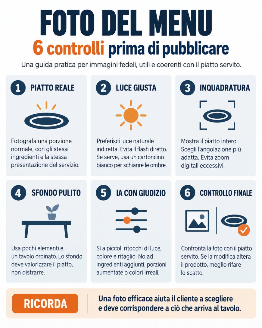 Le fotografie gastronomiche devono rappresentare fedelmente il piatto servito, usando smartphone e luce naturale.